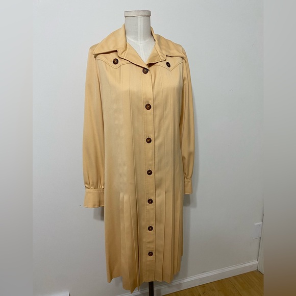 VINTAGE 1970’s Teal Traina Traina Boutique Peach Trench Pleated Dress Size Large - Picture 2 of 15